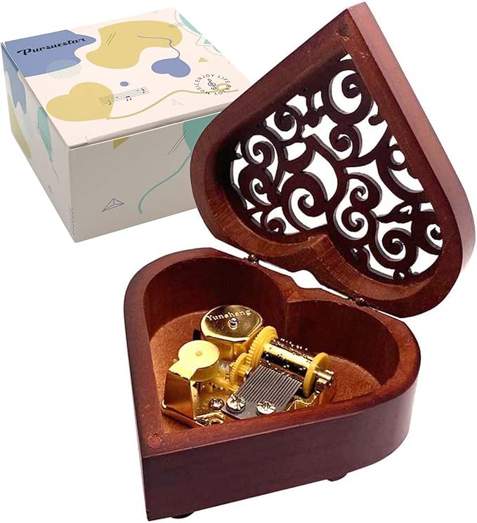 Pursuestar Once Upon a December Music Box, Heart Shaped Vintage Hollow Out Wood Mechanism YunSheng Movement Wind Up Musical Box Gifts for Birthday Wedding Valentine's Day