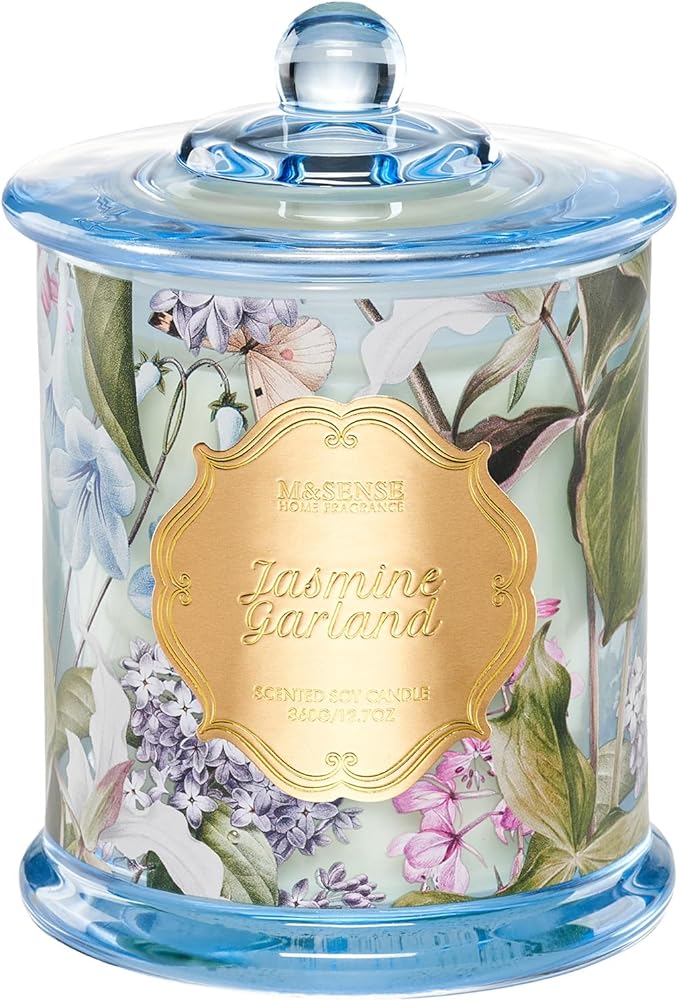 M&SENSE Jasmine Scented Candles, Organic Soy Candle 12.7oz 75 Hour Long Lasting Slow Burning, Highly Scented Good Smelling Aromatherapy Candle, Aaesthetic Candle Gift for Women