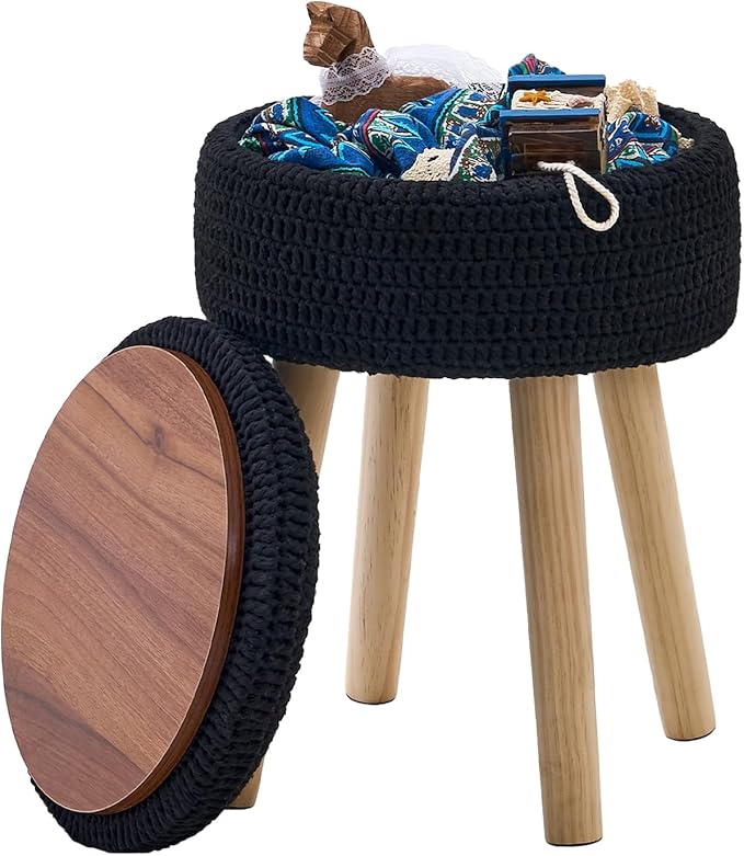Wimarsbon Pouf Ottoman, 100% Cotton Knitted Boho Footstool, Round Footrest with Non-Skid Wood Legs, Home Décor Handmade Pouffe, Leisure Floor Step Stool for Living Room (High Storage Black)