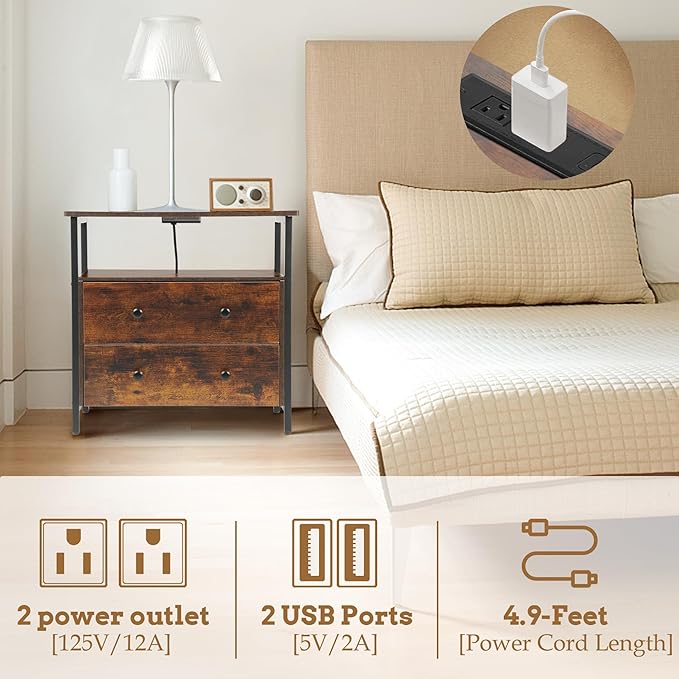 27 inch Wide Night Stand with Charging Station, Bedside Table with Open Shelf, 2 Drawers Small Wood Dresser, Modern Wood Nightstand for Bedroom/Living Room (Rustic Brown)