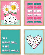 SIGNWIN Framed I'm a Barbie Girl in The Barbie World Wall Art, Set of 4 Heart, Chrysanthemum Illustration Wall Decor Prints, Preppy Room Decor Wall Décor for Living Room, Bedroom - 12"x16" Natural