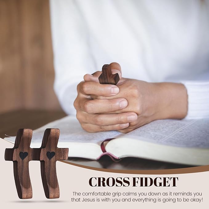 Yaoerlingiiu 8PCs Wooden Fidget Cross My Heart -StressRelief Prayer Cross Christian Encouragement Gift ChristmasGift for Adults/ Handheld Fidget Faith & AnxietySmall Wooden Croses for pocket prayers Prayer rosfor Hand Wall Crosses( Walnut Wood )