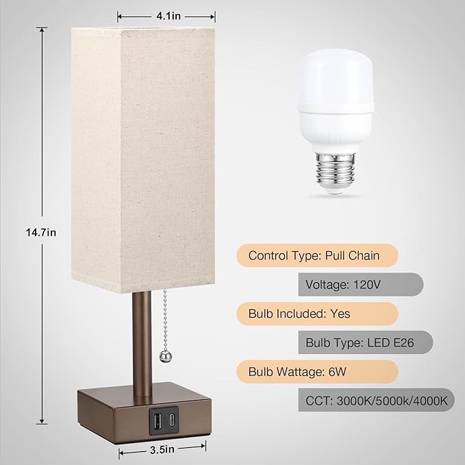 aooshine Beige Small Table Lamp for Bedroom - 3 Color Temperature 3000K 5000K 4000K Bedside Lamp, Pull Chain Control, USB A and C Ports, Brown Base, Bulb Included