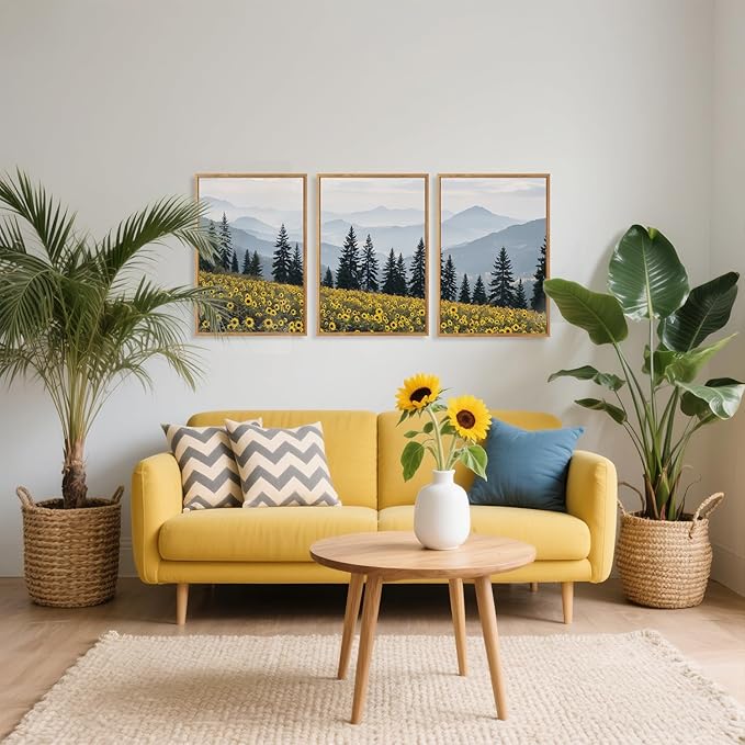 HPINUB Boho Sunflowers Landscape Framed Canvas Wall Art Set,Nature Pine Tree Wall Decor,Abstract Flowers Artwork Rustic Mountain Misty Forest Art Print for Living Room,Bedroom,Office-16 x24 x3