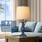 QiMH Farmhouse Table Lamp Set of 2, Rustic Table Lamps for Living Room, Vintage Nightstand Lamp with Rotary Switch, Beside Lamps for Bedroom, Traditional Table Lamps with Linen Shade, Blue