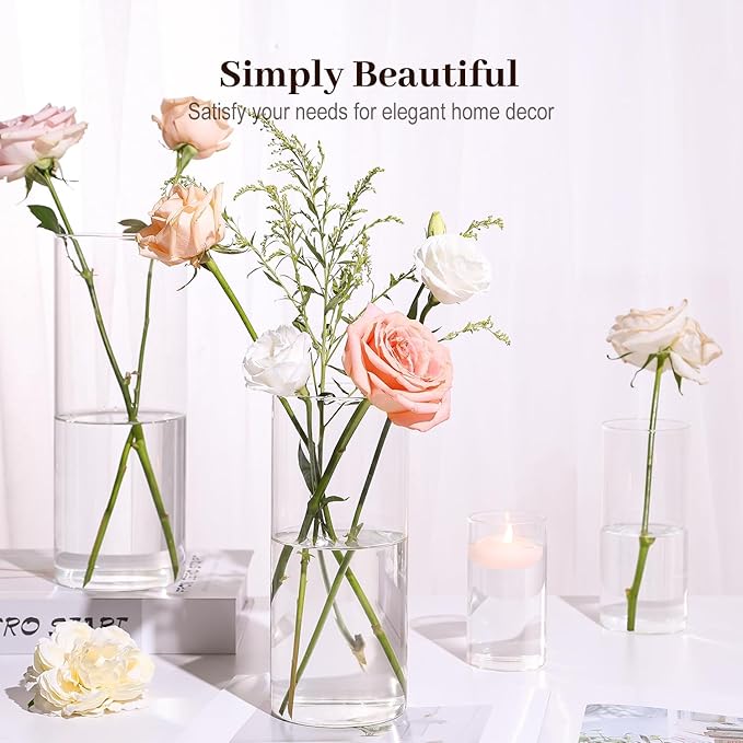 16 Pack Glass Cylinder Vases 4, 6, 8, 10 Inch Tall Clear Flower Vases for Table Centerpieces Wedding Decoration, Hurricane Floating Candle Holder for Party Home Decor