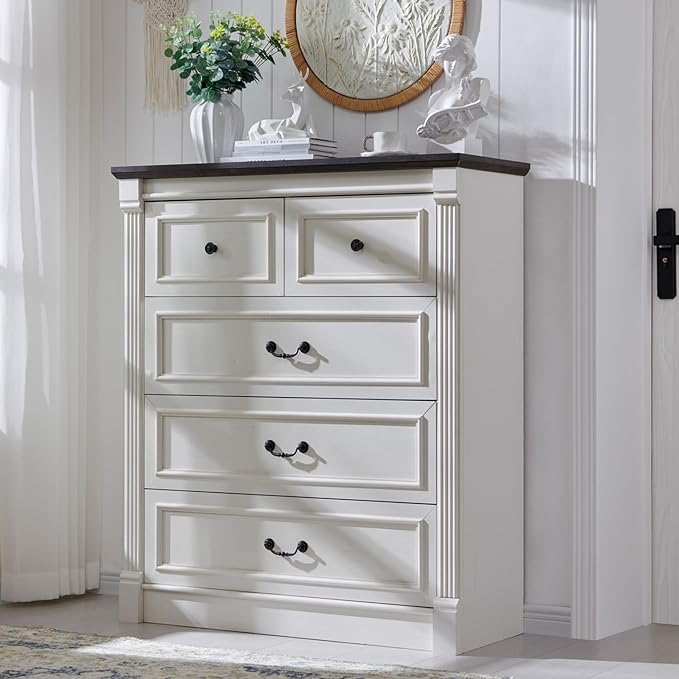 Farmhouse 5 Drawers Dresser for Bedroom, 46" Tall Dressers & Chests of Drawers w/Roman Column, Large Storage Dressers Organizer for Bedroom, Hallway, Living Room, White