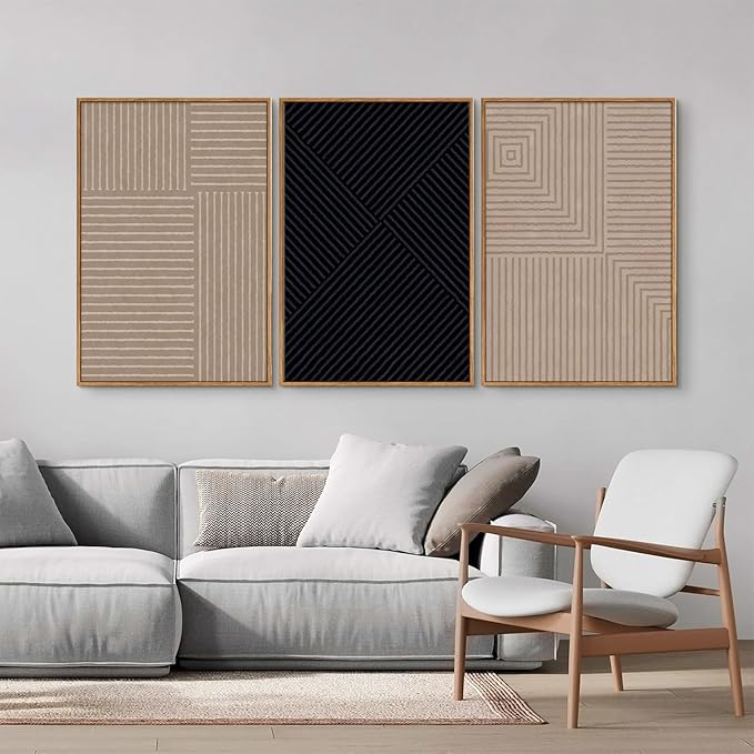 Tinonedraw Mid Century Modern Framed Canvas Wall Art Set of 3, Neutral Abstract Art Prints, Black and Brown Geometric Minimalist Wall Decor for Living Room Bedroom Office Dining Room 16"x24"x3