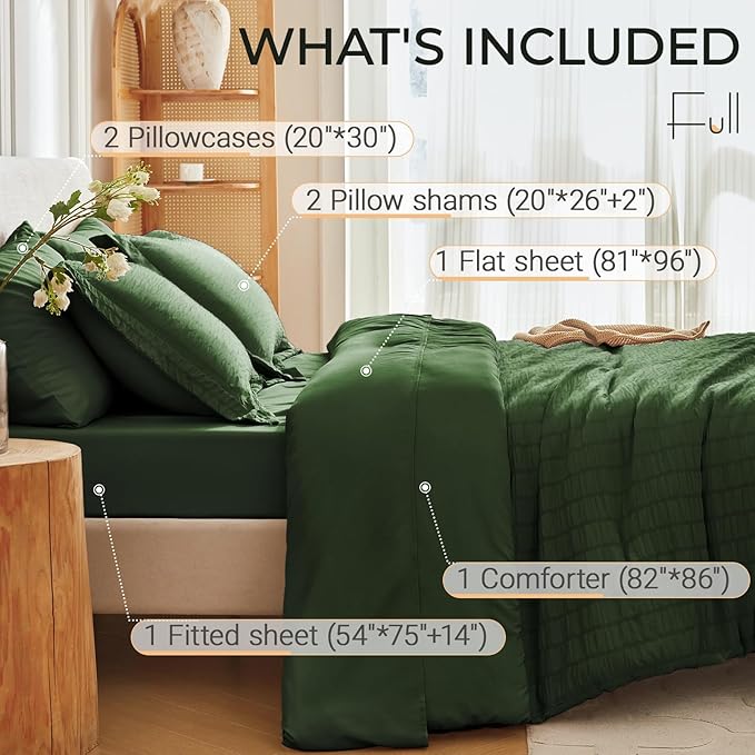 MUXHOMO 7 Pieces Full Comforter Set, Seersucker Bed in a Bag Full Size, All Season Luxury Bedding Set with Comforter, Flat Sheet, Fitted Sheet, Pillowcases & Shams, Dark Green