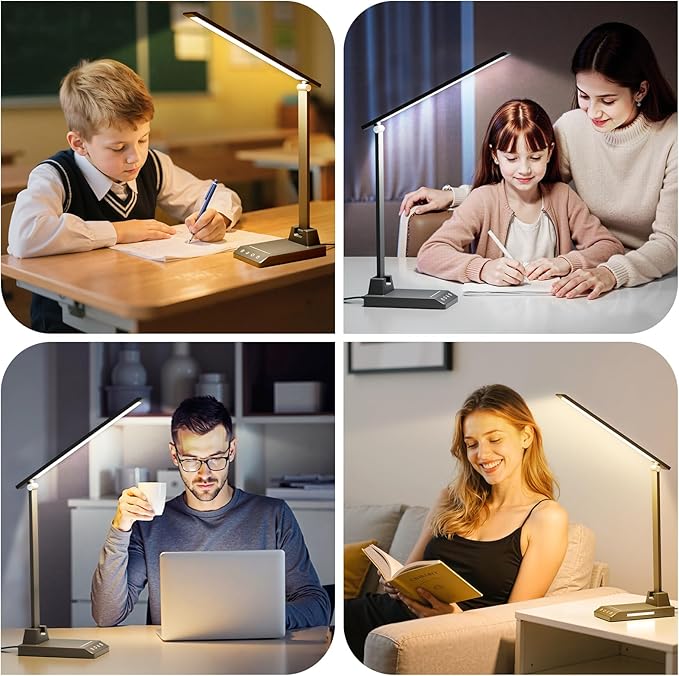 ShineTech LED Desk Lamp for Home Office, Dimmable Desk Light with USB C Charging, 25 Modes Brightness and Colors, Eye Caring Foldable Reading Light, Table Lamp for Study Nightstand
