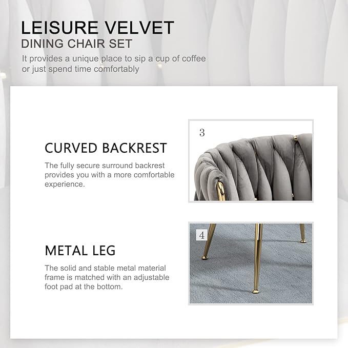 Nrizc Woven Dining Chairs Set of 2, Velvet Upholstered Dining Chairs with Gold Metal Legs, Modern Accent Chairs for Living Room, Dining Room, Kitchen (Grey)