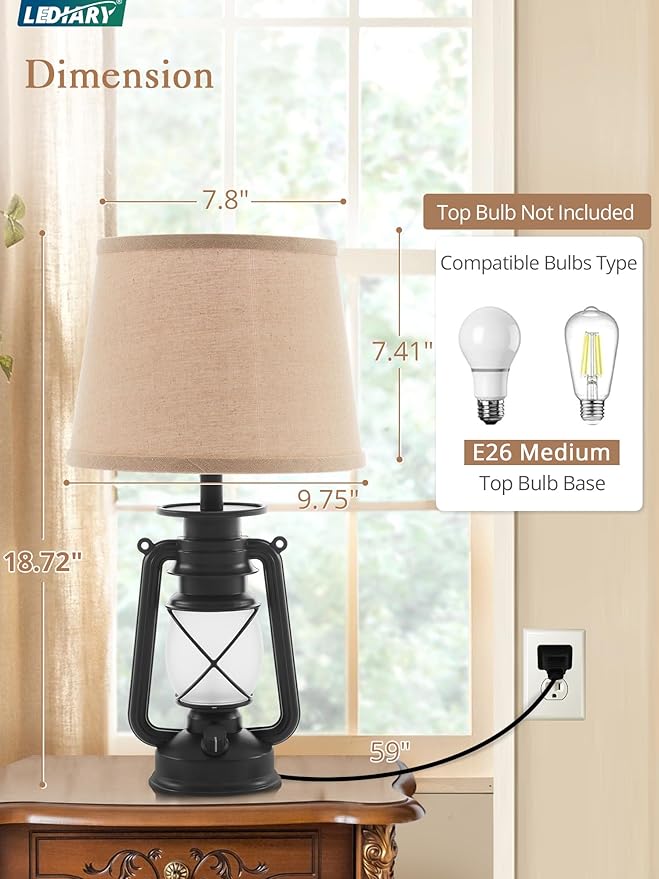 LEDIARY 18.72" Black LED Lantern Flickering Flame Table Lamps for Bedrooms Set of 2, Small Farmhouse Rustic End Table Lamps, Halloween Decorative Lantern Bedside Lamps for Living Room