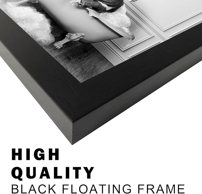 Framed Bathroom Decor Wall Art Black and White Canvas Print Cute Hippo in Bathtub Wall Art Bathrom Painting for Wall