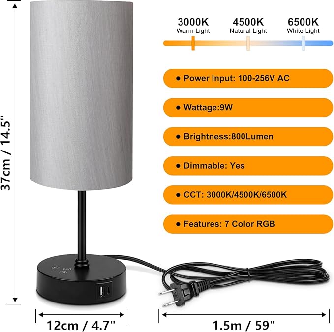 Ascher RGB Table Lamp Color Changing - 3 Color Temperatures and Stepless Dimmable Small Bedside Lamp for Bedroom, Touch Control Nightstand Light with Grey Shade for Reading Home Decor Lights