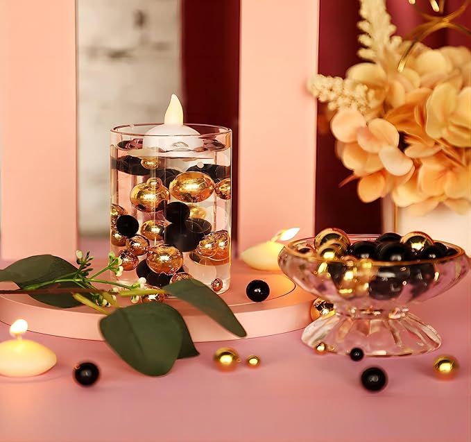 200 PCS Black Gold Vase Fillers, Pearls Bead for Centerpieces Vases, 10/14/20 MM No Hole Beads, Fake Pearls for Wedding Birthday Anniversary Theme Party Table Centerpieces Decor