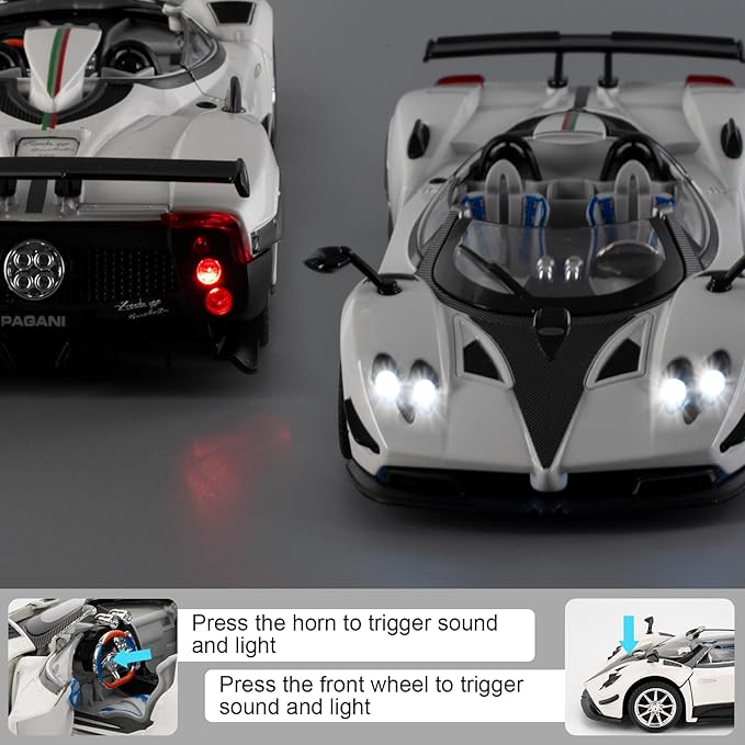1/24 Car Model Compatible for Collectible Pagani Zonta HP Diecast Toy Car,Zinc Alloy Pull Back Cabriolet Vehicles Toy with Sound and Light for Adult Boys Girls (White)