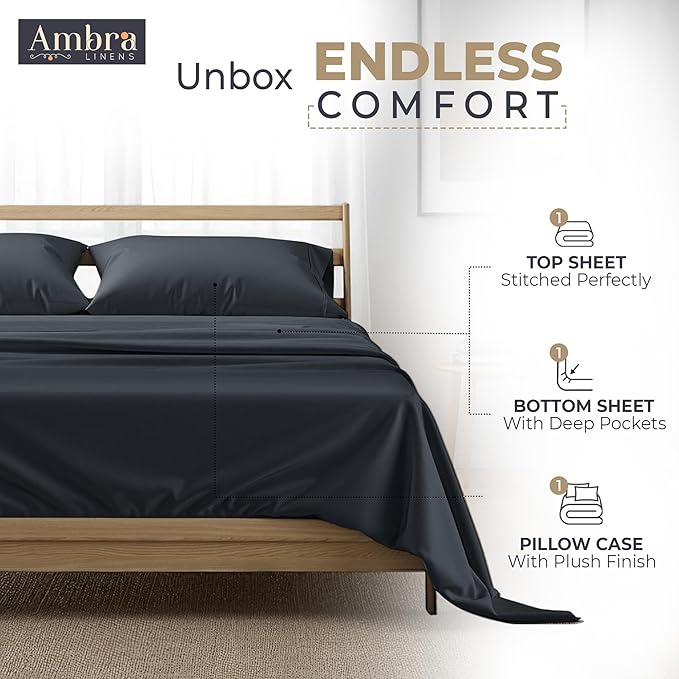 Tencel Sheets 3 Piece for Twin XL Bed - 100% Eucalyptus Lyocell Twin XL Sheets Set - Soft, Cooling & Breathable for Hot Sleepers - 16” Deep Pockets Hotel Quality Bedding Set - Black