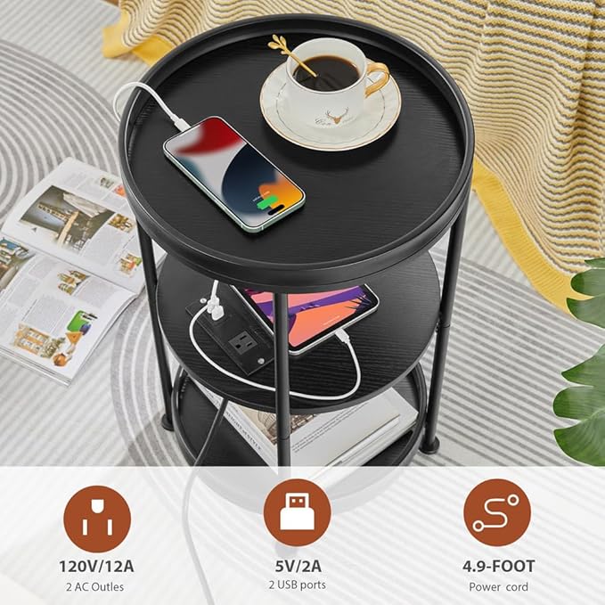 Dulcii Round Side Table with Charging Station, 24'' End Table with 3 Shelves for Living Room, Bedroom Nightstand with Steel Frame for Small Spaces, Industrial Round Sofa Table (USB+Black)