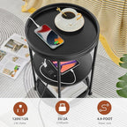 Dulcii Round Side Table with Charging Station, 24'' End Table with 3 Shelves for Living Room, Bedroom Nightstand with Steel Frame for Small Spaces, Industrial Round Sofa Table (USB+Black)