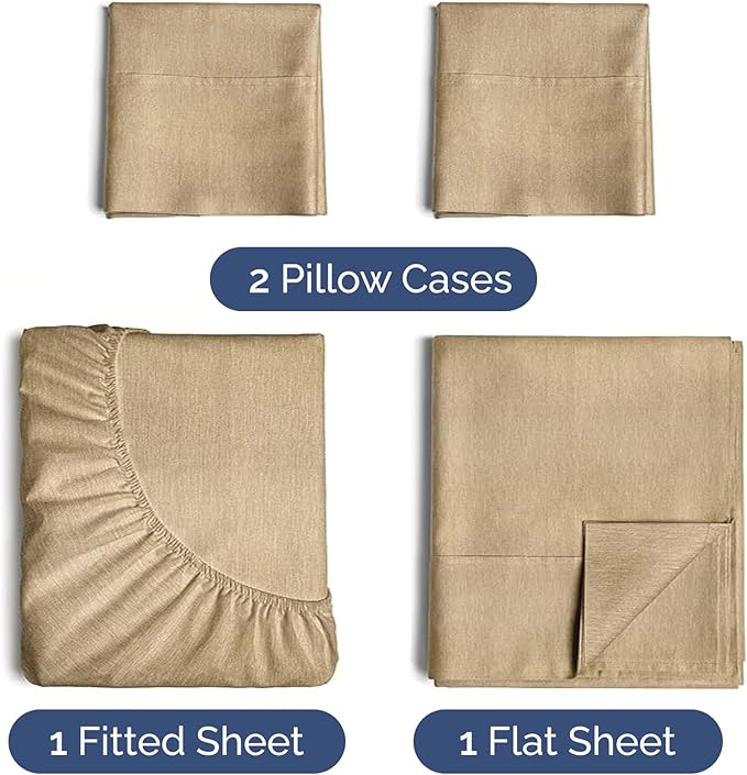 Twin Sheets Set 4 Piece - Includes 2 Pillowcases - Bed Sheets Twin Size - Soft Hotel Luxury Bedding - Cooling, Comfy & Breathable - 1 Flat & 1 Fitted & 2 Pillowcases w/ Deep Pockets - Heathered Tan