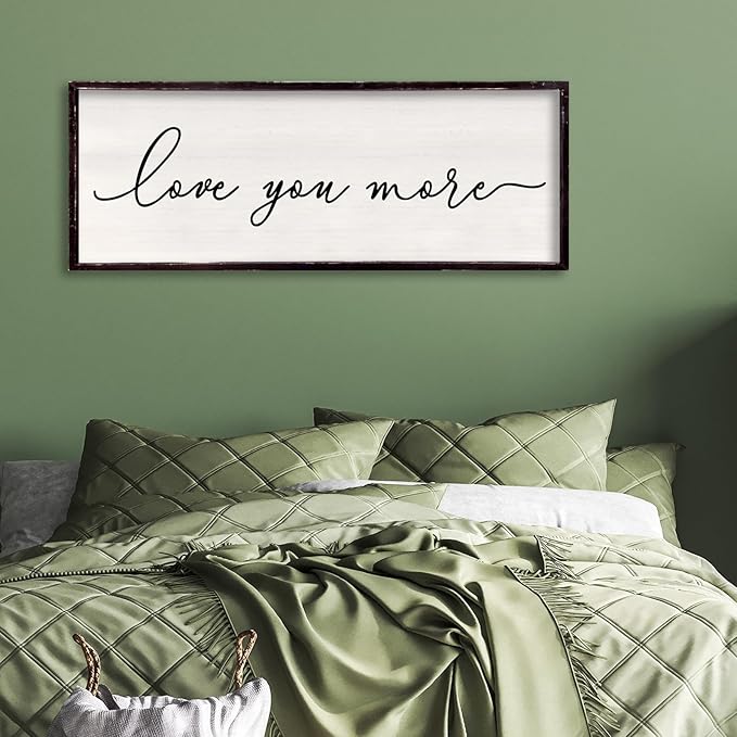 Love You More Above Bed Wall Decor Sign 32"×12" for Master Bedroom Over Bed Large Simple Wood Framed Hanging Wall Art (Black)