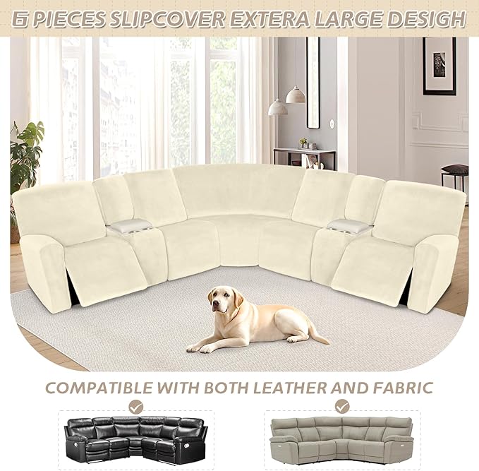 Arfntevss Sectional Recliner Couch Covers Velvet Washable Corner Sectional Sofa Cover for Reclining Couch Stretch Soft Thick L Shape Recliner Slipcover Set (5 Seat with 2 Console Cover, Beige)