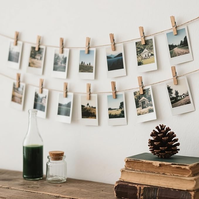 32.8 Ft Hanging Photo Display String with 50 Clips, Boho Picture Frame Wall Decor Banner Art Holder String for Bedroom Room Dorm Cubicle Office Decor