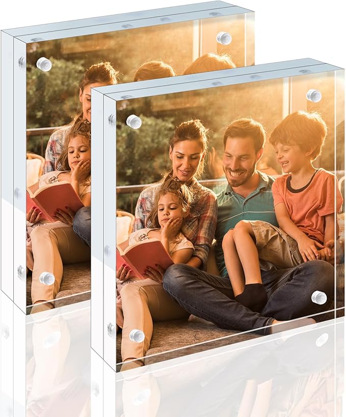 Egofine 4x4 Acrylic Frames 2 Pack, 20mm Thicker Frameless Clear Picture Frames, Double Sided Magnetic Picture Frames, Free Standing Desktop Display