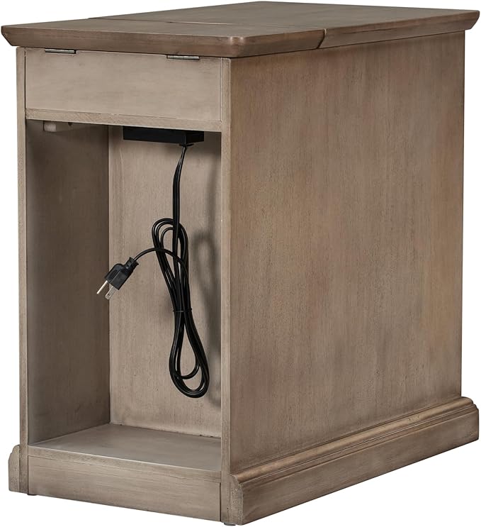 Traditional Wooden Narrow End Table with Charging Station, Modern Vintage Sofa Side Table Storage and Multifunctional Drawer, Antique Brown for Living Room, Bedroom, Office, No Assembly