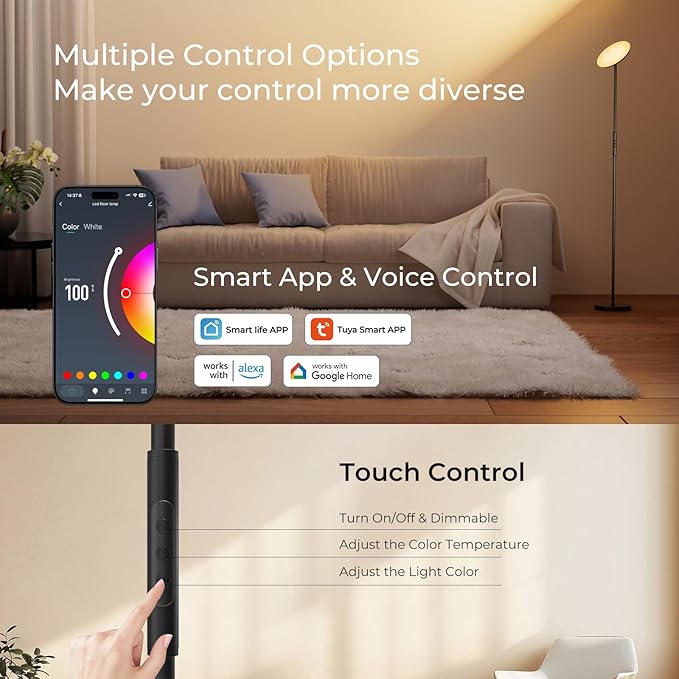 Smart Floor Lamp, 2800LM RGBWW Standing Lamps for Living Room with Smart App & Voice Control, 69.3in Torchiere Floor Lamps Color Changing, 350°Rotating LED Tall Lamp for Bedroom Office Gaming Party