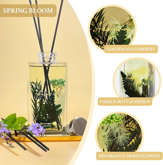 Reed Diffuser Set, 5 fl oz Spring Bloom Scented Oil Diffuser, Home Fragrance with Cotton Reed Sticks for Bedroom, Office, Bathroom Shelf Decor & Gifts