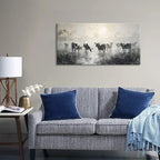 LASMOND Black and White Cow Wall Art for Living Room Ink Wash Canvas Painting Prints Morning Cattle Vintage Country Farmhouse Artwork Bedroom Office Decor (40x20 Inches)