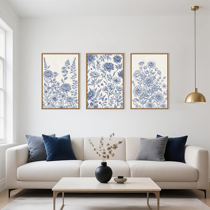 Classic Chinoiserie Floral Framed Canvas Wall Art Set, Blue and White Flower Wall Decor, Navy Watercolor Wall Painting, Minimalist Wildflower Art Print for Living Room, Bedroom - 16"x24"×3