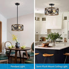 XINGQI Black Ceiling Light Adjustable Height Chandelier Modern Farmhouse Pendant Lighting Fixture Wood Grain Metal 13" Rustic Round Lights for Dining Room Kitchen Bedroom Entryway