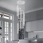 Modern Adjustable Height Pendant Light White 144W LED Pendant Lights 8 Rings Rectangular Chandelier Staircase Large Chandelier Lobby Living Room Kitchen Island Foyer High Ceiling Chandeliers