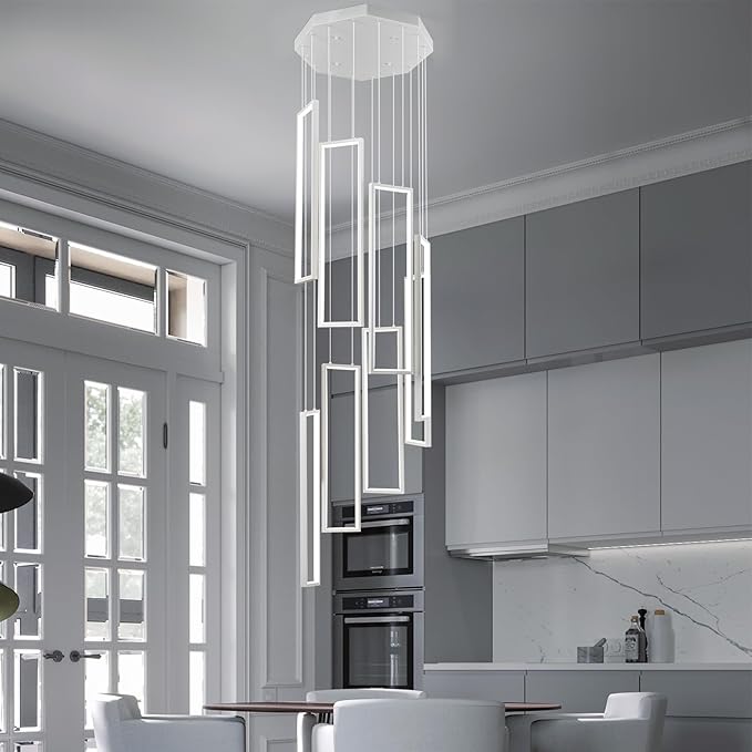 Modern Adjustable Height Pendant Light White 144W LED Pendant Lights 8 Rings Rectangular Chandelier Staircase Large Chandelier Lobby Living Room Kitchen Island Foyer High Ceiling Chandeliers