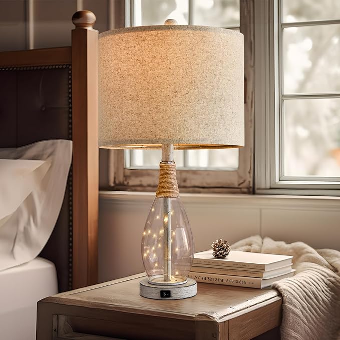 OYEARS 23" USB A+C Table Lamp for Bedroom Living Room Modern Bedside Lamps Retro Farmhouse Rattan Glass Nightstand Nightlight Lamps (White),Two Light Points
