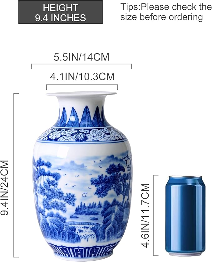 Blue and White Vintage Vase Chinoiserie Farmhouse Decorative Vases Flower Terracotta pots for Tableshelf Bookshelf Bathroom Living Room Kitchen 9.4 inch