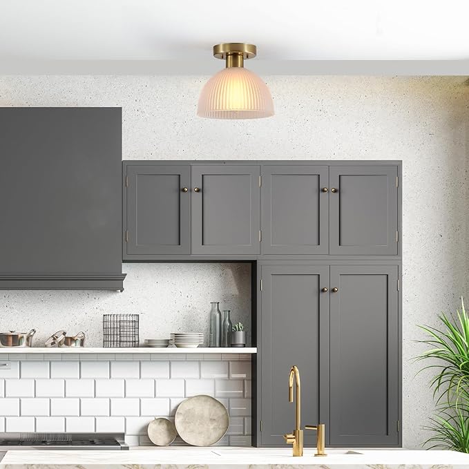 Globe Electric 1-Light Semi-Flush Mount Ceiling Light, Matte Brass, Frosted Ribbed Glass Shade, Home Improvement, Dining Room, Kitchen