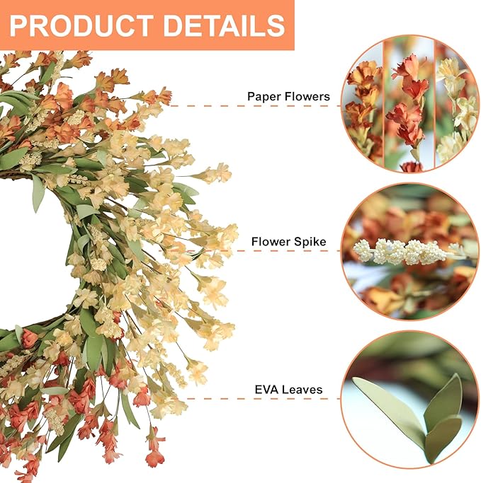 Artgar Fall Wreath, Fall Wreaths for Front Door, 24 in Fall Decor Floral Wreath, Door Wreaths for Front Door Outside All Season for Thanksgiving Home Indoor Outdoor Wall Decor (White&Orange)