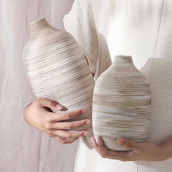 ALMA 9 Inch White Boho Vase for Modern Farmhouse|Ceramic Pampas Grass Vases|Decorative Rustic Vase for Home Decor, Modern Farmhouse, Coffee Table, Shelf, Mantel Decor