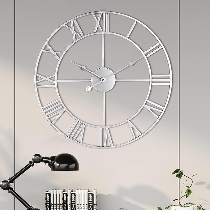 1st owned Large Wall Clock for Living Room Decor Silent Non-Ticking Decorative Wall Clock Roman Numerals Vintage Battery Operated for Kitchen Farmhouse Cafe Office Decor (Silver, 32 Inches)