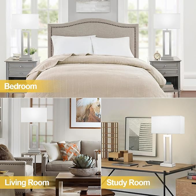 Seealle 22" Tall Bedroom Lamps for Living Room - Touch Brushed Nickel Bedside Lamps with USB C+A, 3 Way Dimmable Lamp for Nightstand, Modern Night Stands Lamps for End Tables(White&Silver)