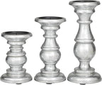 Deco 79 Traditional Mango Wood Pillar Candle Holder, Set of 3 10", 8", 6"H, Silver