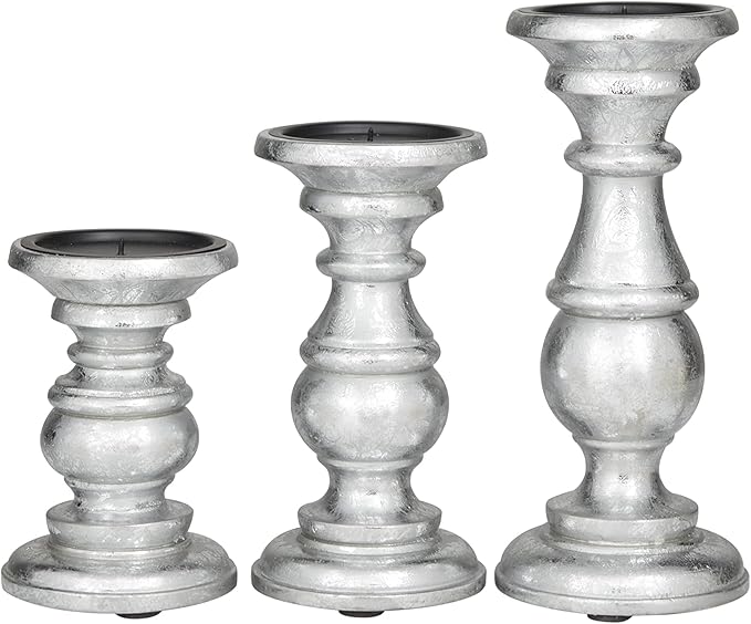 Deco 79 Traditional Mango Wood Pillar Candle Holder, Set of 3 10", 8", 6"H, Silver