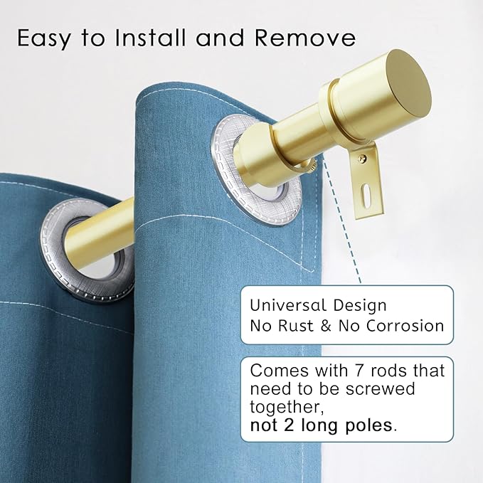 Curtain Rods for Windows 16 to 120 Inches Adjustable Length 1 Inch Diameter Window Curtain Rod with Aluminium Finials, Warm Gold