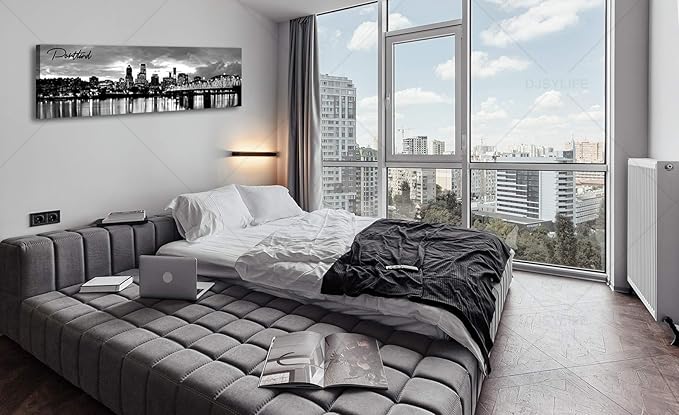 DJSYLIFE-Portland Skyline Canvas Print Modern City Landscape Wall Art USA Skyscraper Black and White Panoramic Night View Painting Office Living Room Home Decor Ready to Hang 13.8"x47.3"