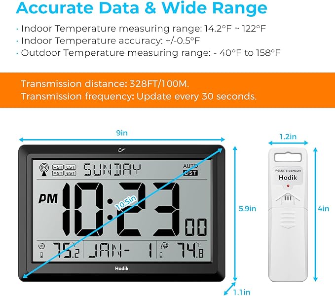 Wall Clock Atomic with Indoor Outdoor Temperature Battery Powered, Easy Reading with 10.5 Inch Large LCD Display, 330FT Range Table Wall Clock with DST, 12/24 Hour for Living Room Kitchen (Black)