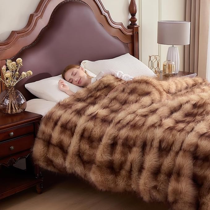 Fluffy Faux Fur Throw Blanket – Super Soft Warm Thick Plush Blanket for Bed, Couch & Office, Cozy Fuzzy Throw with Flannel Backing,108"x90", Brown