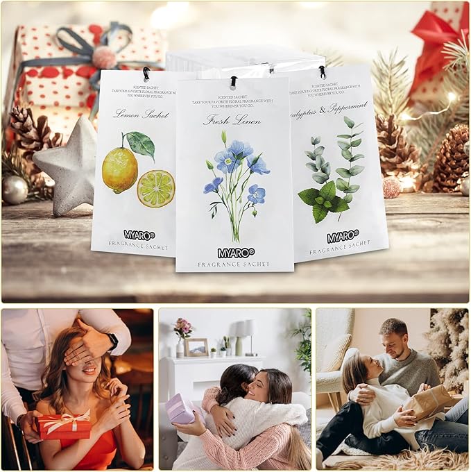 MYARO 12 Packs Scented Sachets for Drawer and Closet, Long-Lasting Closet Deodorizer Freshener, Potpourri Bags Room Scents Smell Goods for House 3 Scents - Fresh Linen, Eucalyptus Peppermint, Lemon